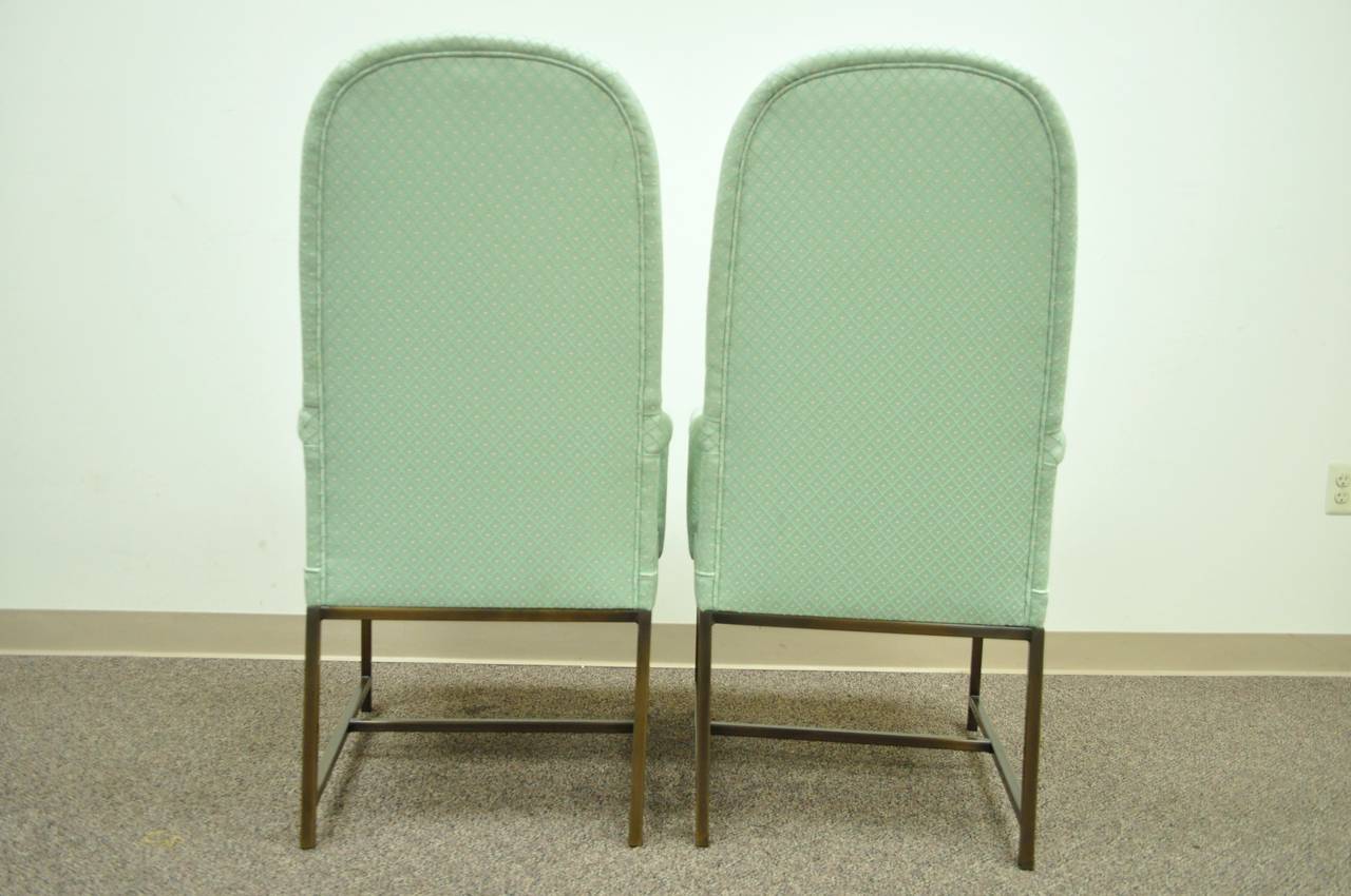 Pair Modern Upholstered Arm Chairs Brushed Brass Metal Base Milo Baughman Style 1