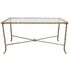 French Hollywood Regency Faux Bois Bamboo Brass Coffee Table attr Maison Bagues