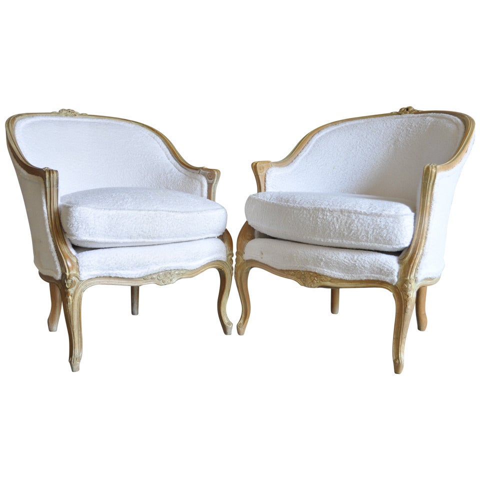 Pair of Vintage French Louis XV Style His and Hers Carved Bergere Armchairs