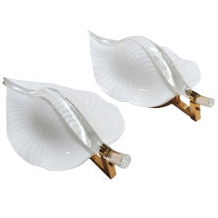 Large Pair of Murano Blown Glass Leaf Brass Hollywood Regency Wall Light Sconces