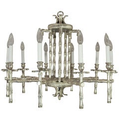 Hollywood Regency Faux Bamboo Silver Plated Pagoda Chandelier