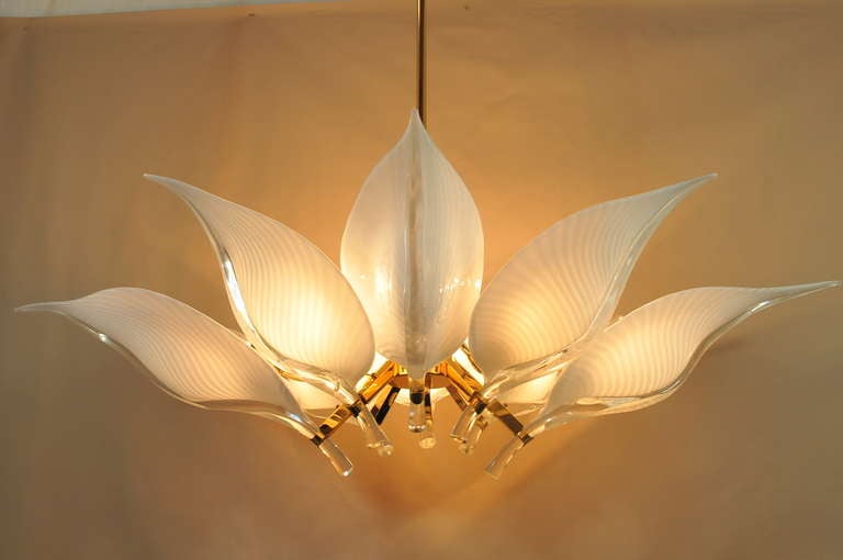 Italian Murano Handblown Glass Lotus Leaf & Brass Hollywood Regency Chandelier
