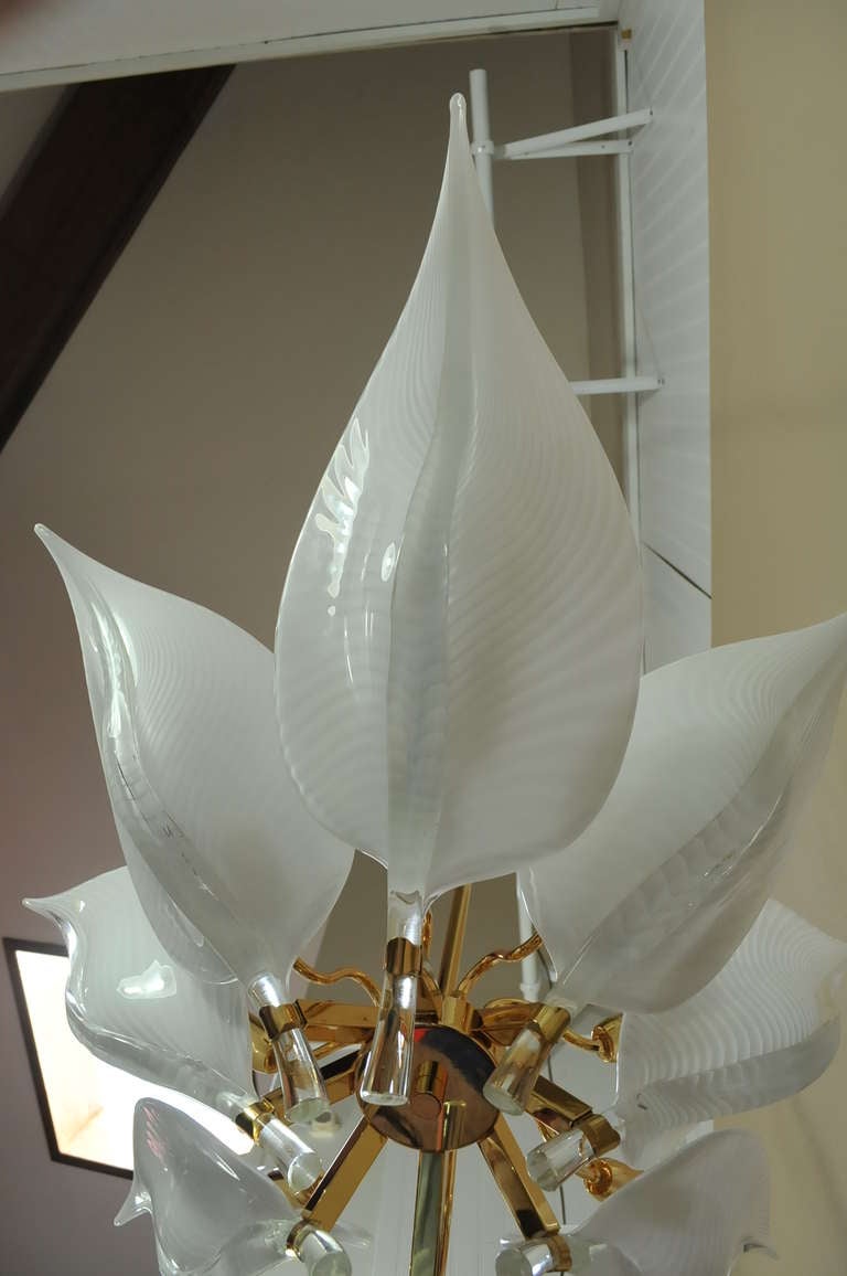Murano Handblown Glass Lotus Leaf & Brass Hollywood Regency Chandelier 2