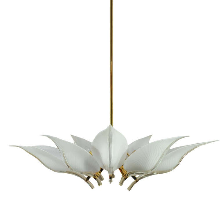 The Most Fantastic and Large Vintage 8 Light Brass & Murano Handblown Lotus Leaf Chandelier. This breathtaking fixture has a great oval form with two huge leaves on either end and six smaller sized leaves at the center. This light fixture is
