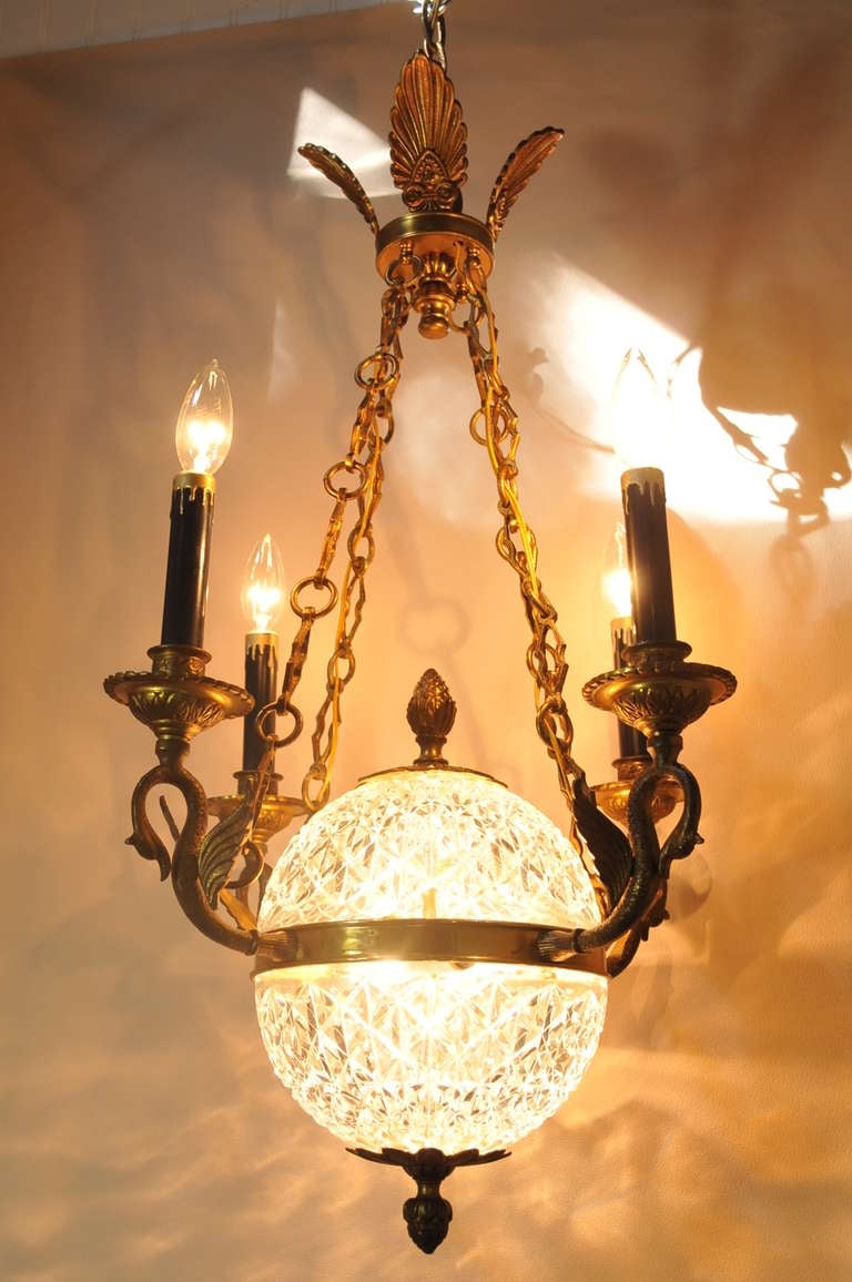 Spanish Figural Brass Swans & Crystal Ball French Empire / Regency Style Chandelier