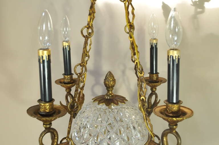 20th Century Figural Brass Swans & Crystal Ball French Empire / Regency Style Chandelier