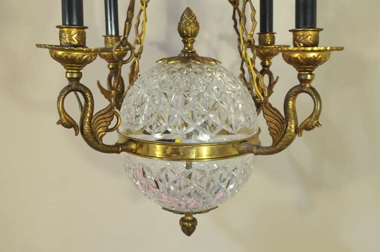 Figural Brass Swans & Crystal Ball French Empire / Regency Style Chandelier 1