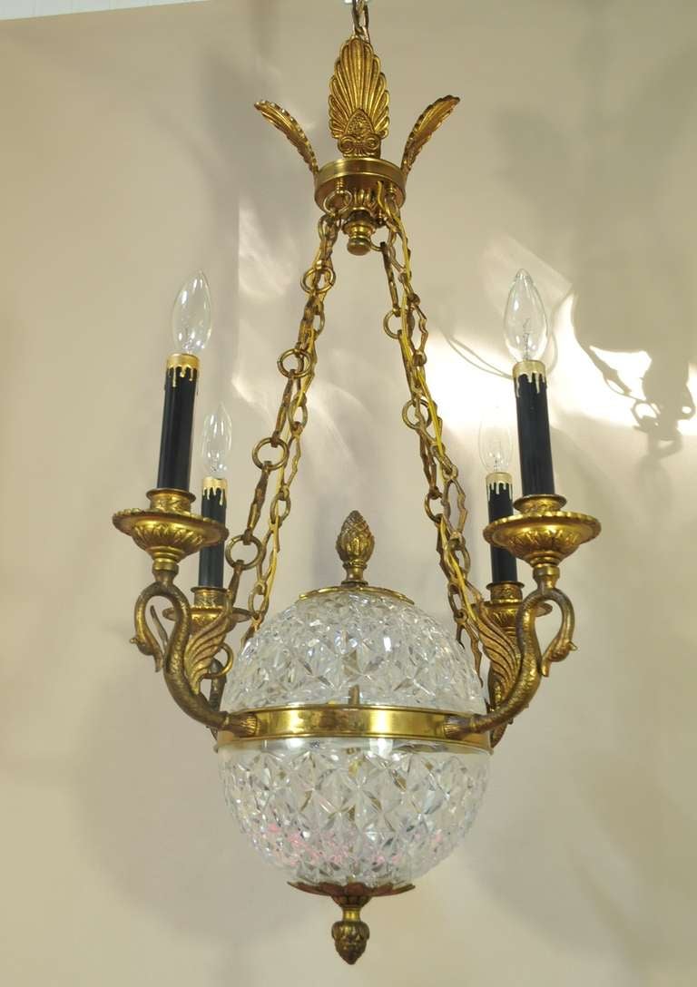 Figural Brass Swans & Crystal Ball French Empire / Regency Style Chandelier 5
