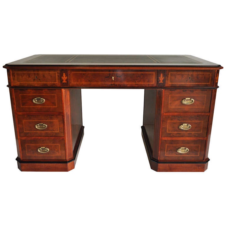 Inlaid and Tooled Leather, Top Knee Hole Desk by Amboan in the Federal