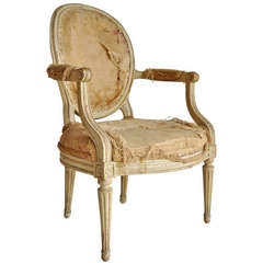 Antique French Louis XVI Style Distressed Fauteuil after Maison Jansen, circa 1900 