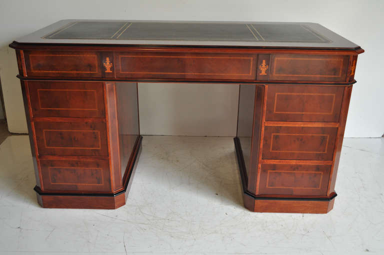 Inlaid and Tooled Leather, Top Knee Hole Desk by Amboan in the Federal Style 1