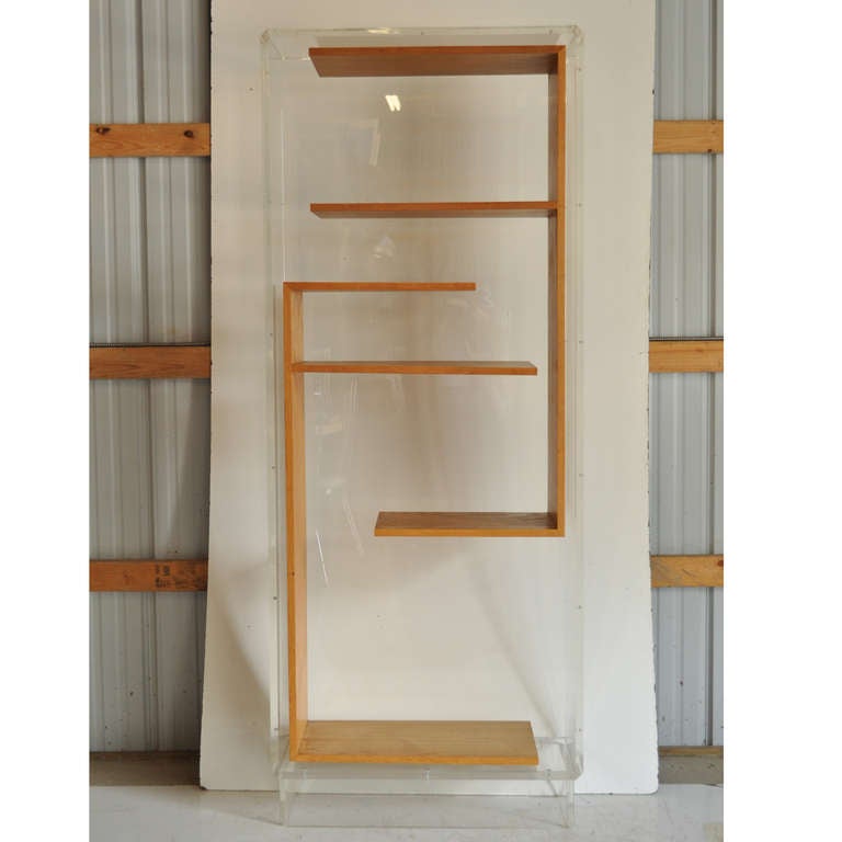 High Quality Vintage Lucite and Solid Wood Floating Form Etagere in the manner of Charles Hollis Jones. Item features a unique free form construction, multiple levels of shelving, thick sculpted lucite casing, and a unique airy design.