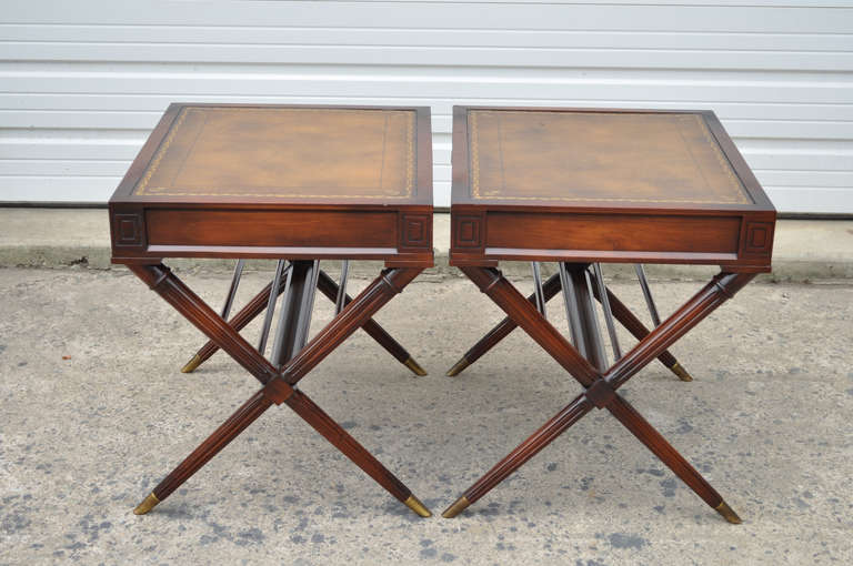 Mid-20th Century Pair of Regency Style Tooled Leather Top Carved Mahogany X Form End Tables