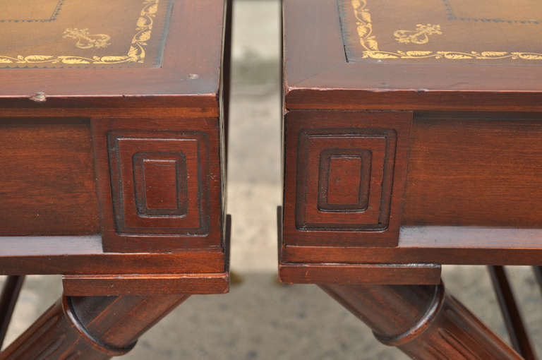 Pair of Regency Style Tooled Leather Top Carved Mahogany X Form End Tables In Good Condition In Philadelphia, PA