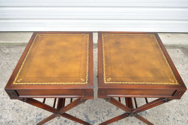 American Pair of Regency Style Tooled Leather Top Carved Mahogany X Form End Tables