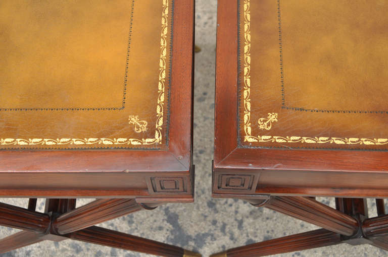 Pair of Regency Style Tooled Leather Top Carved Mahogany X Form End Tables 2
