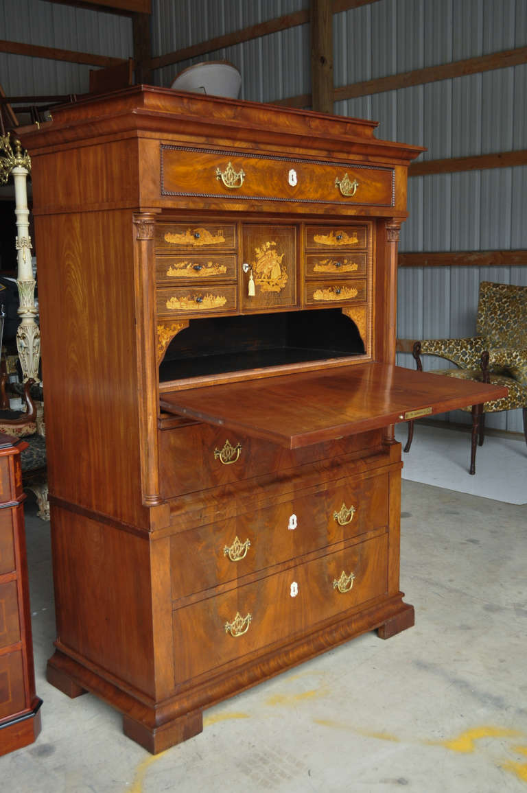 French Empire Flame Mahogany Drop Front Secretaire Abattant Secretary Desk In Good Condition For Sale In Philadelphia, PA