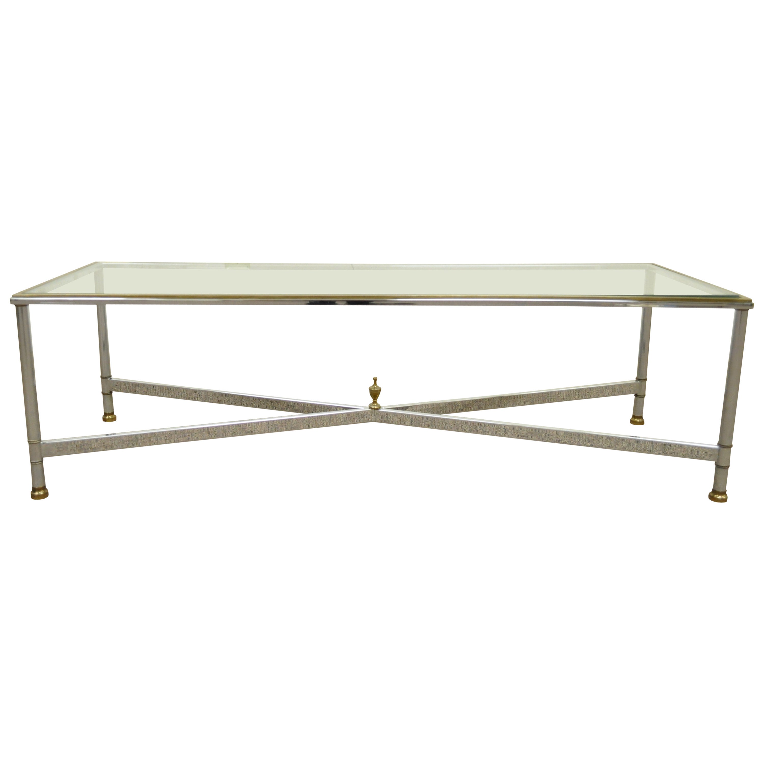 Neoclassical Style Chrome, Brass, & Glass Coffee Table after Maison Jansen