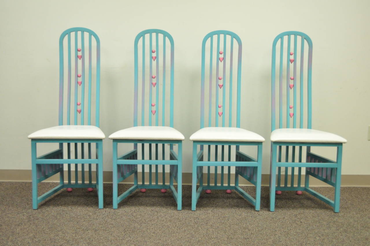 Mid-Century Modern Vintage 1987 Memphis Style Blue and Pink Painted Dining Room Set Table 4 Chairs