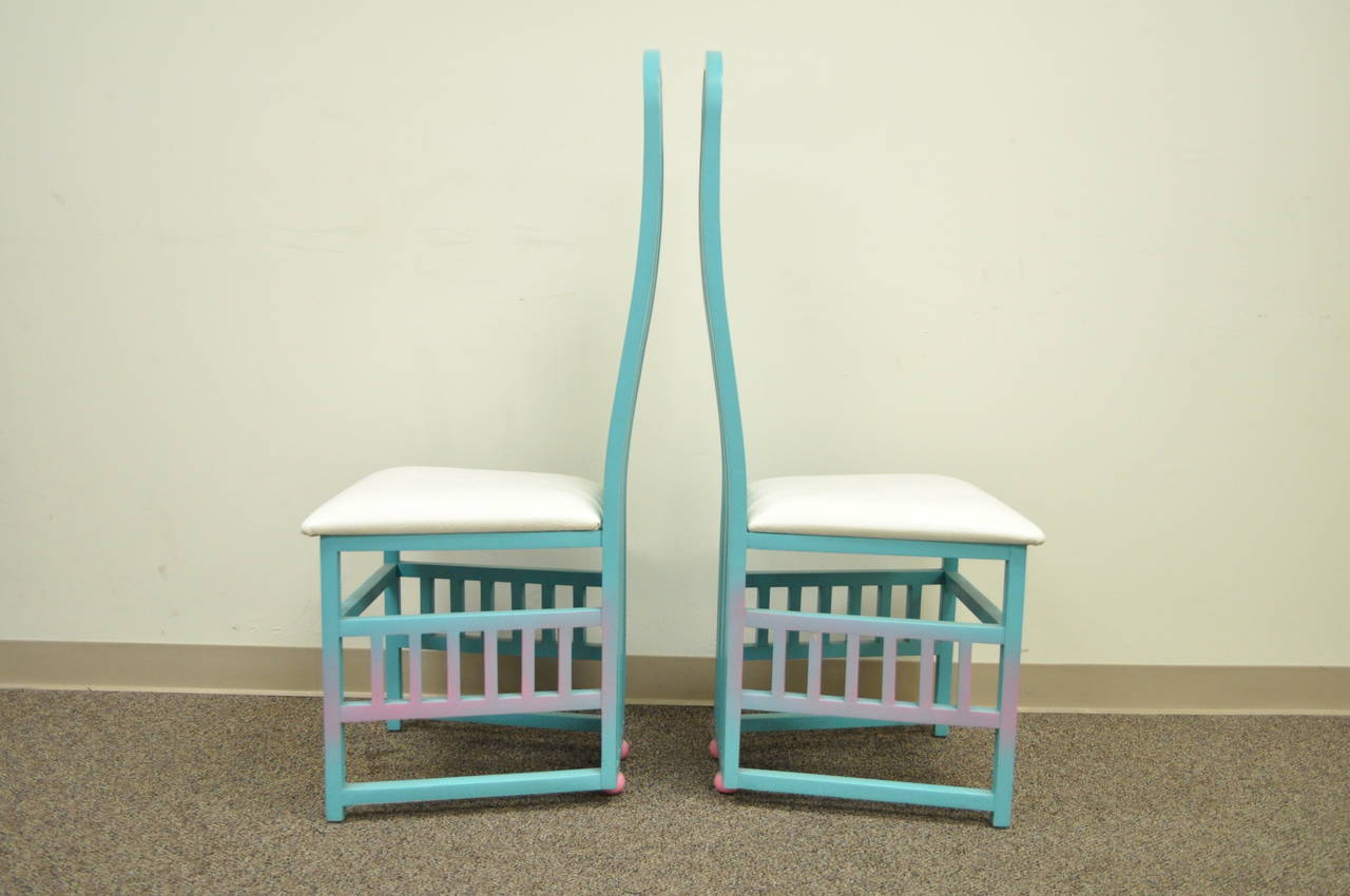 Glass Vintage 1987 Memphis Style Blue and Pink Painted Dining Room Set Table 4 Chairs