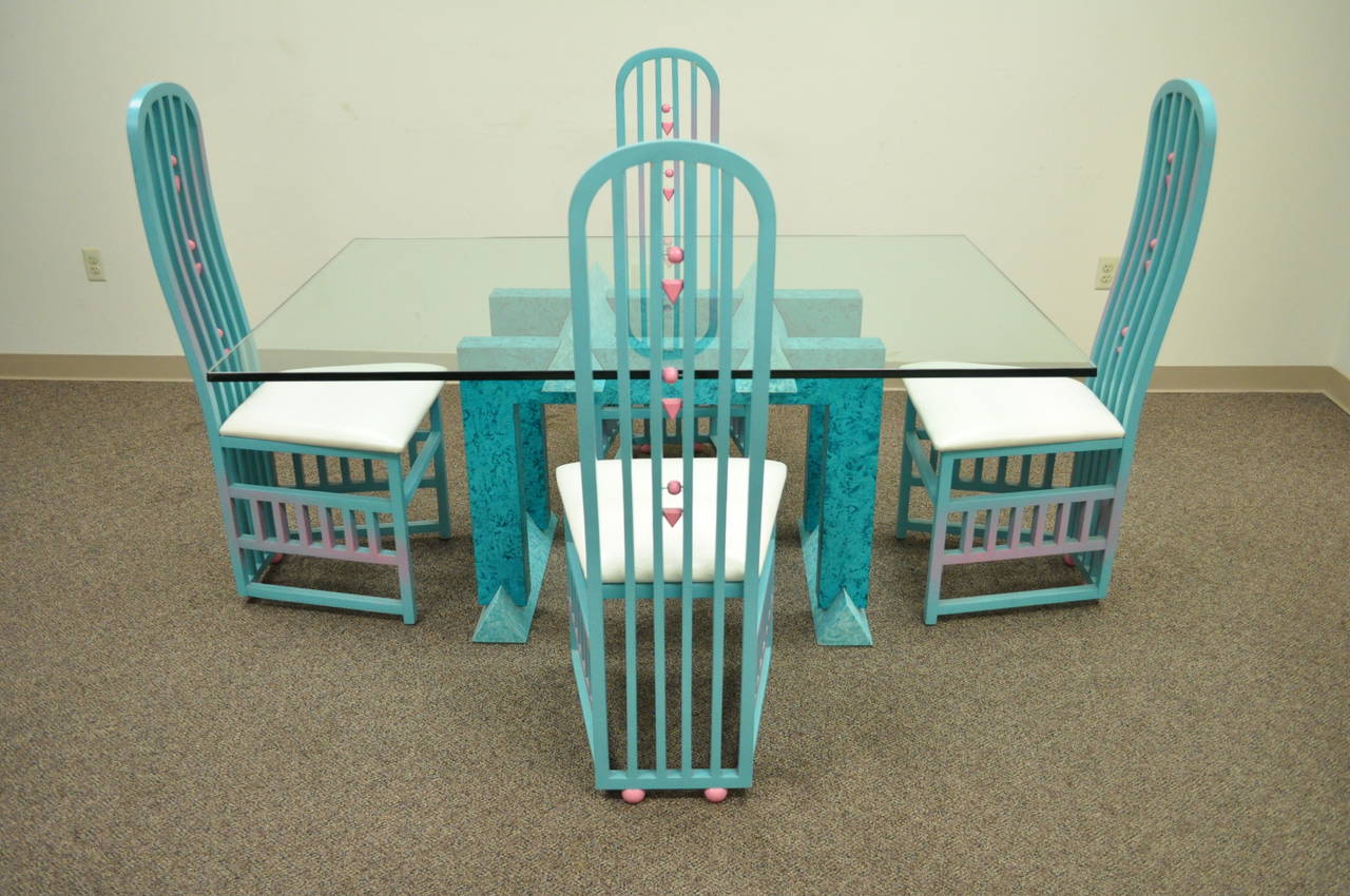 Vintage 1987 Memphis Style Blue and Pink Painted Dining Room Set Table 4 Chairs 1