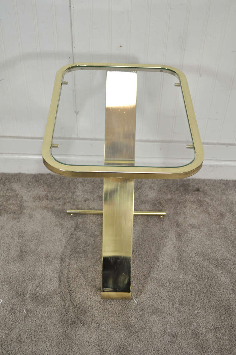 Vintage Mid-Century Modern, Brass and Glass Z Form Side Table In Good Condition In Philadelphia, PA