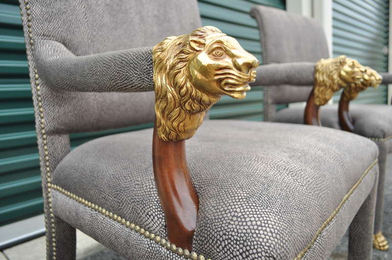 Pair of Bronze Lion Head and Hairy Paw-Foot Library Armchairs, Regency Style