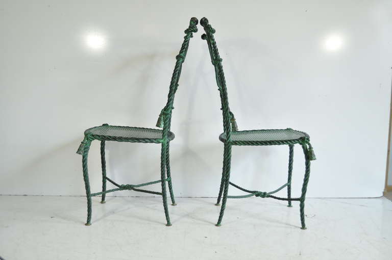 Pair Italian Hollywood Regency Rope and Tassel Green Patinated Iron Side Chairs 3