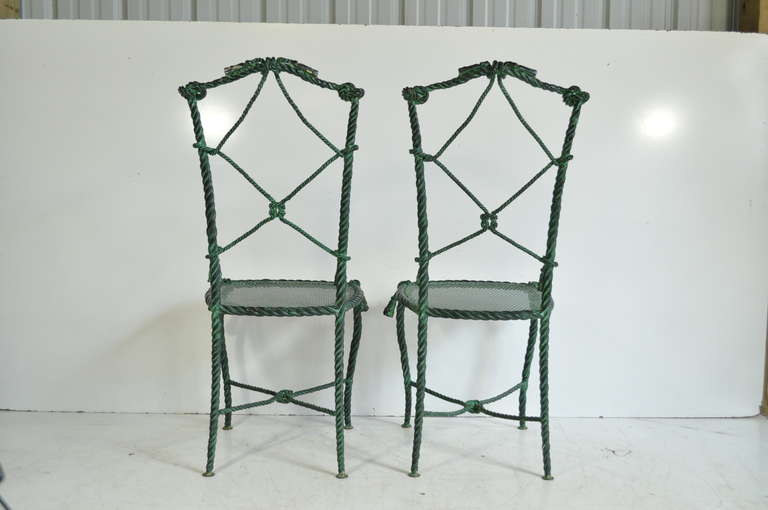 Pair Italian Hollywood Regency Rope and Tassel Green Patinated Iron Side Chairs 4