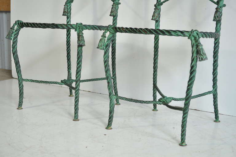 Pair Italian Hollywood Regency Rope and Tassel Green Patinated Iron Side Chairs 1