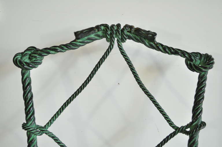 Pair Italian Hollywood Regency Rope and Tassel Green Patinated Iron Side Chairs In Good Condition In Philadelphia, PA