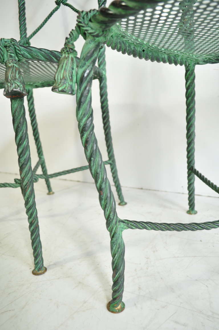 Pair Italian Hollywood Regency Rope and Tassel Green Patinated Iron Side Chairs 2