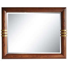 Large Vintage Oak and Triple-Bronze Band Beveled Glass Wall Mirror by Henredon 6