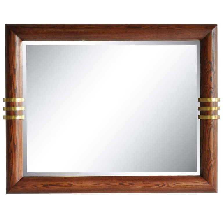 Large Vintage Oak And Triple Bronze Band Beveled Glass Wall Mirror Large Vintage Oak And Triple Bronze Band Beveled Glass Wall Mirror By Henredon For