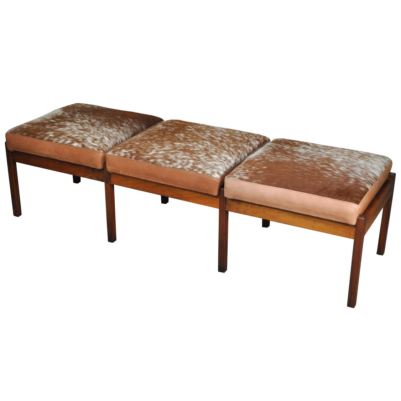 Three-Seat Mid-Century Danish Modern Teak Wood Long Bench Hair on Hide Leather