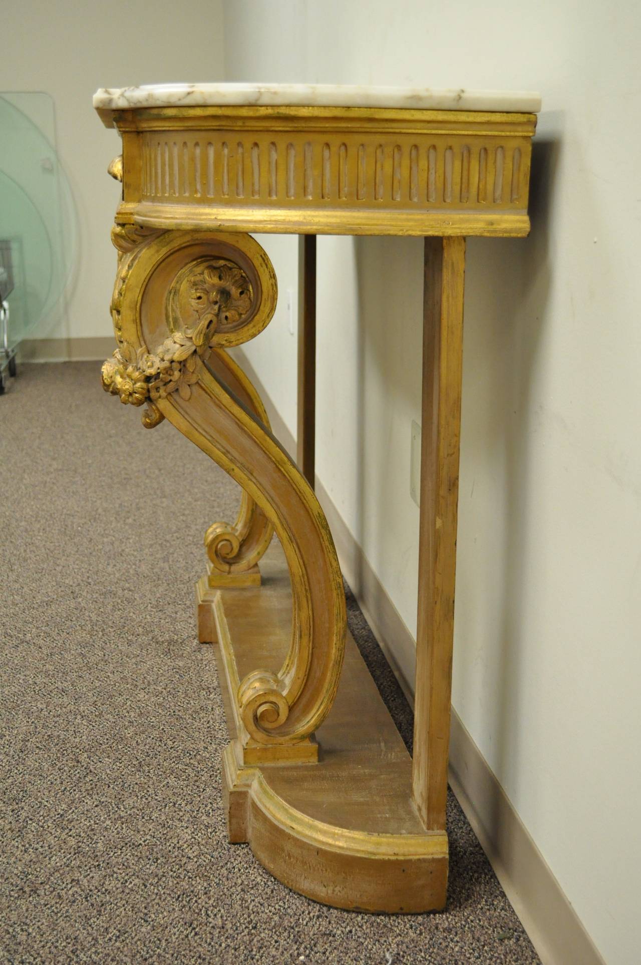 19th Century French Louis XV Style Carved Gold Giltwood Marble-Top Console Table 1