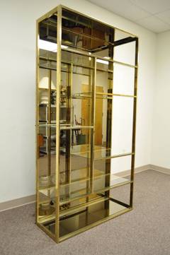 Burnished Brass Plated Etagere with Amber Mirror Attributed to Milo Baughman