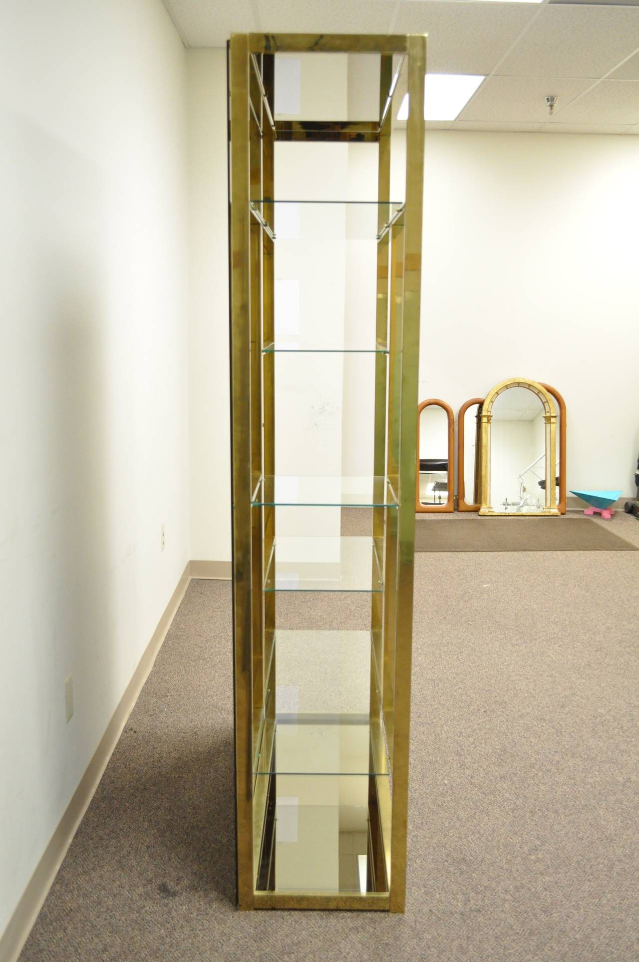 American Burnished Brass Plated Etagere with Amber Mirror Attributed to Milo Baughman