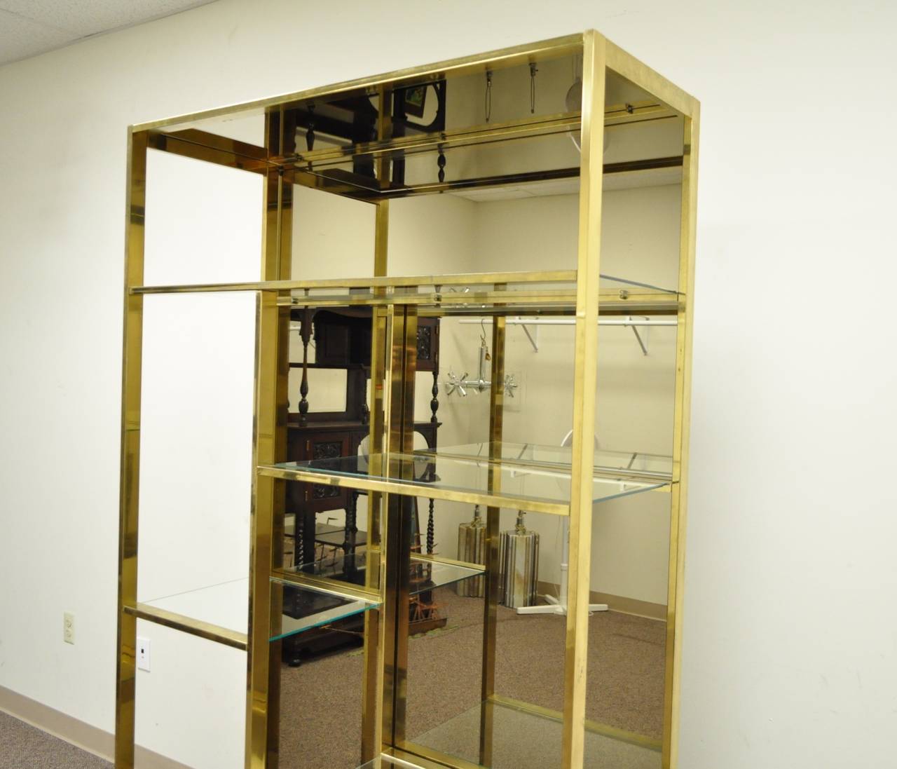 Burnished Brass Plated Etagere with Amber Mirror Attributed to Milo Baughman 2