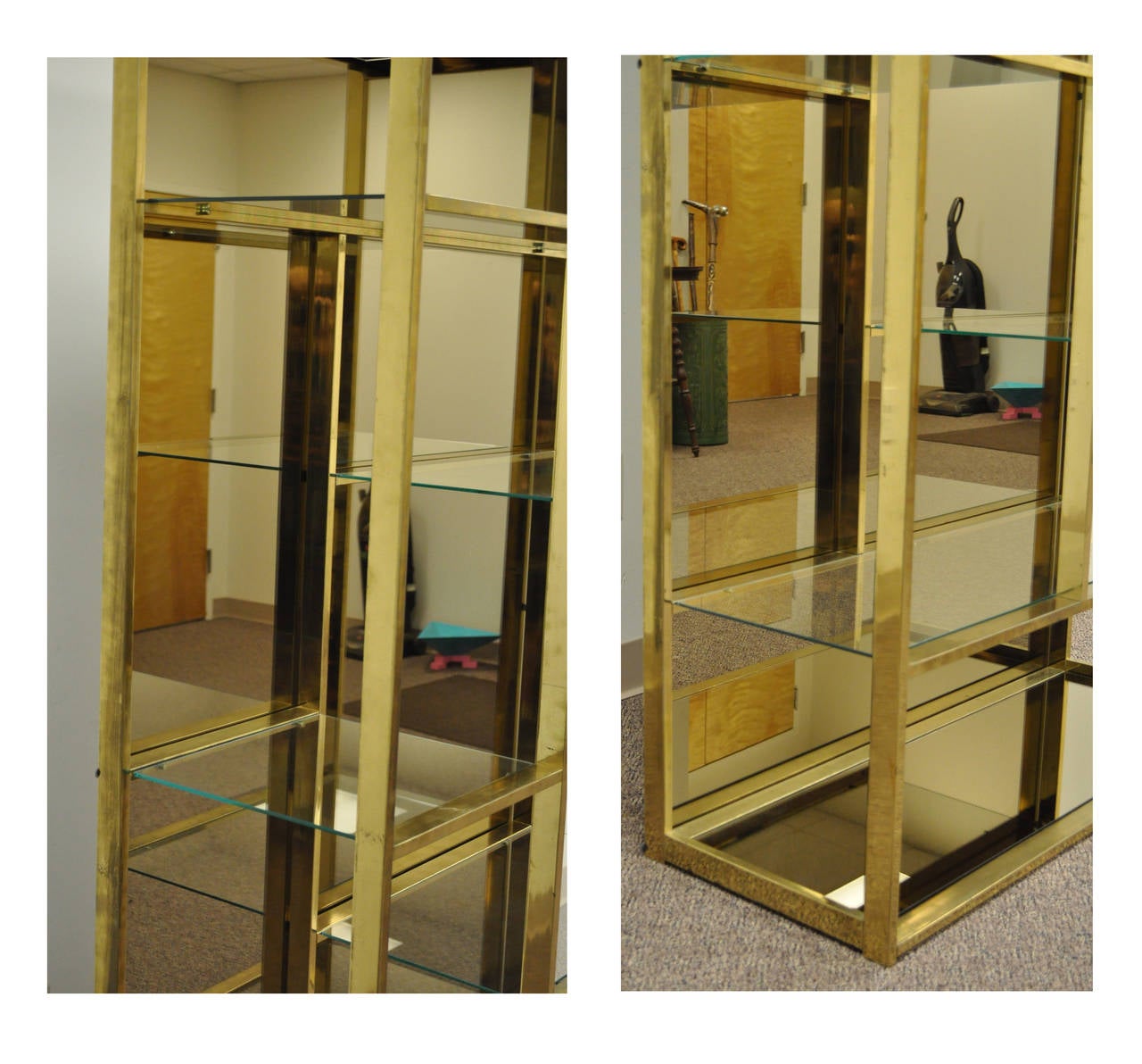 20th Century Burnished Brass Plated Etagere with Amber Mirror Attributed to Milo Baughman