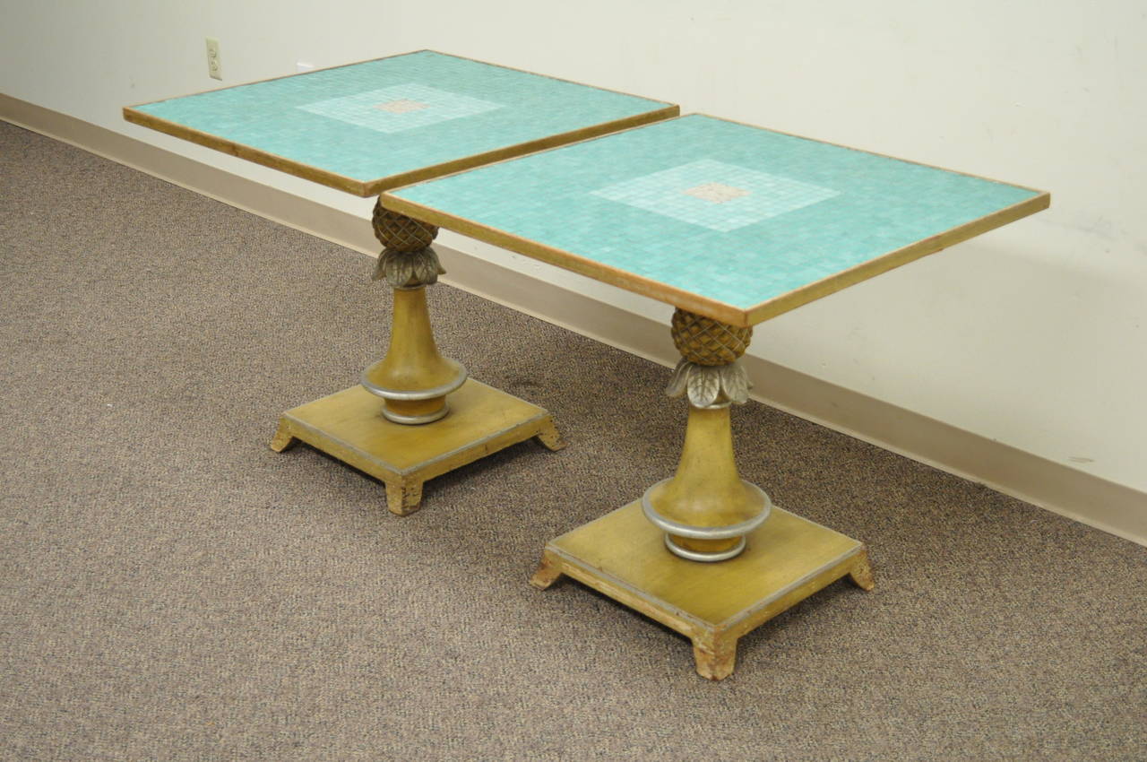 Pair of Italian Carved Wood Blue Tile Top Pineapple Pedestal Tables Jansen Era 3