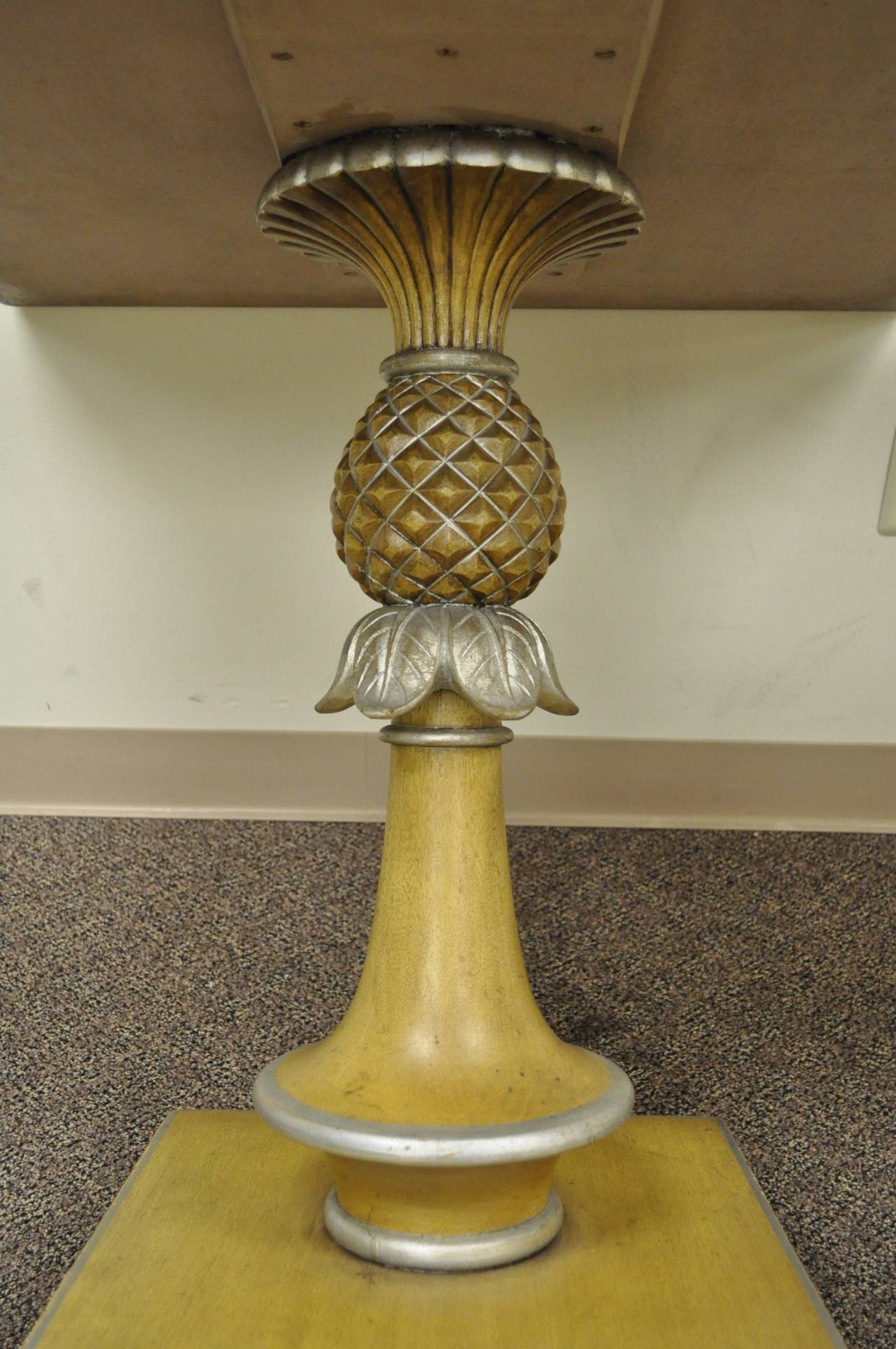 Hollywood Regency Pair of Italian Carved Wood Blue Tile Top Pineapple Pedestal Tables Jansen Era