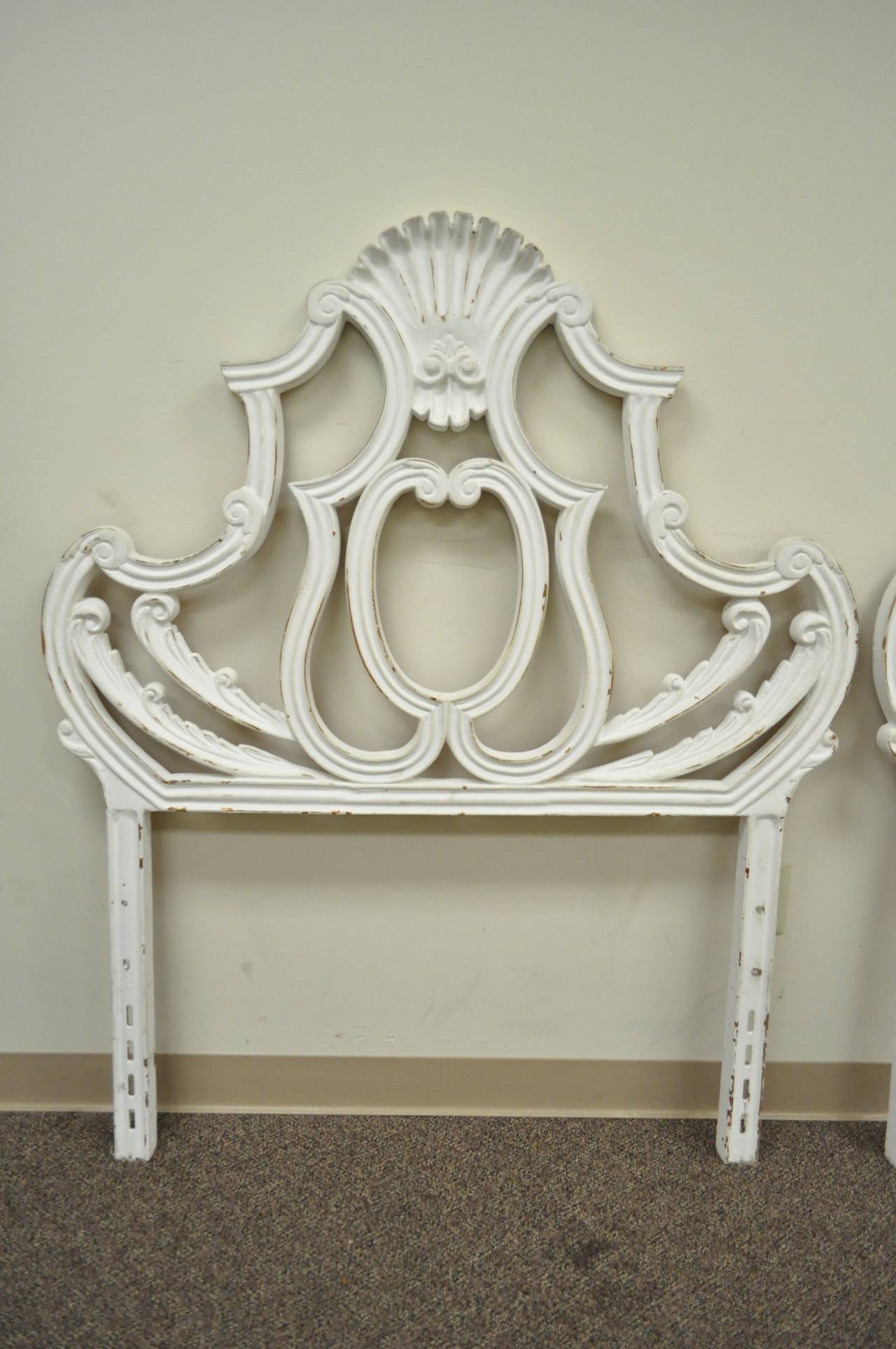 20th Century Pair Vintage Cast Aluminum Metal Shell French Rococo Single Twin Bed Headboards