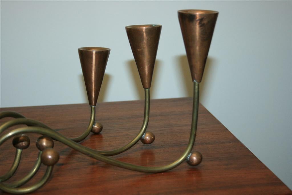 American Pair of Vintage Mid Century Modern Brass & Copper Sculptural Candle Holders