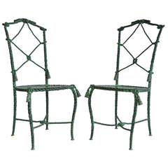Pair of Italian Hollywood Regency Rope and Tassel Green Patinated Iron Side Chairs 2
