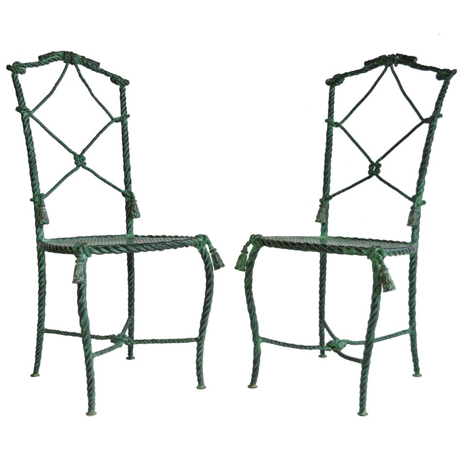 Pair Italian Hollywood Regency Rope and Tassel Green Patinated Iron Side Chairs