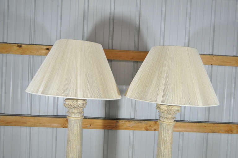 Pair of Tall Carved Wood Corinthian Column Form Distress Polychromed