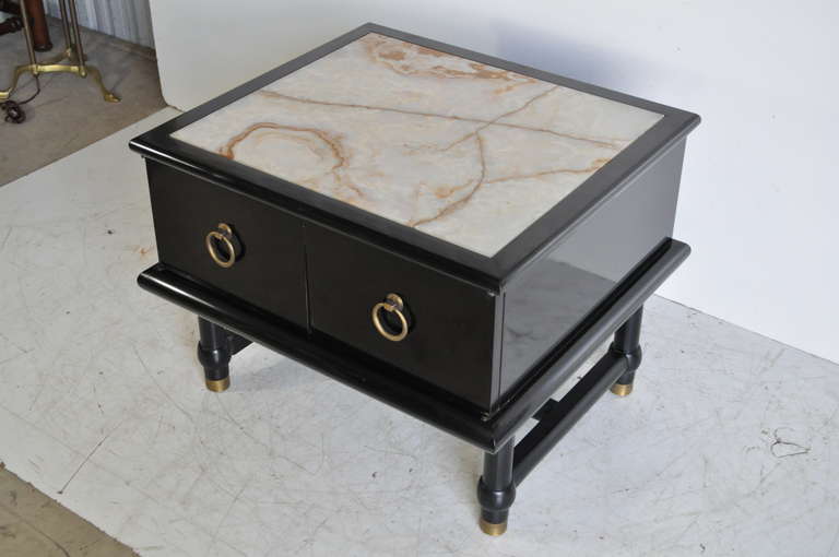 American Mid Century Modern Onyx Top Black Side Table Cabinet after Dorothy Draper For Sale