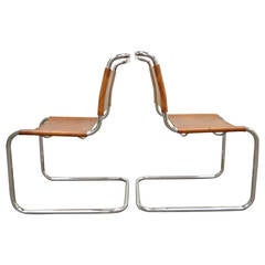Pair of Mr Brown Leather and Chrome Chairs Attributed to Mies van der Rohe