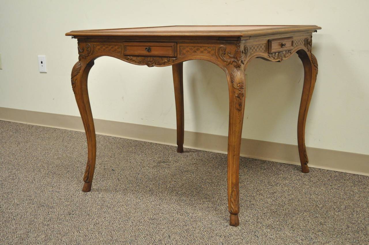 Antique French Louis XV Style Leather Top Hand Carved Walnut Italian Game Table